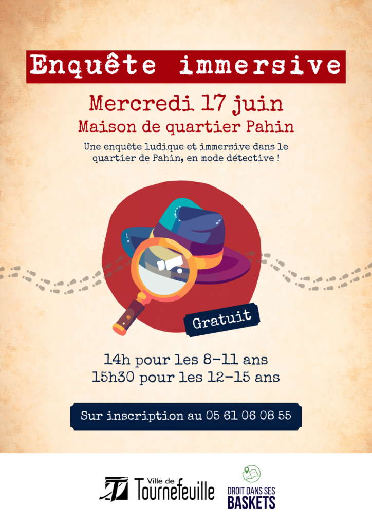 Affiche fond beige clair façon papier et illustration de chapeau et loupe de détective au centre, en texte les infos qu'on retrouve dans l'article - Agrandir l'image, fenêtre modale