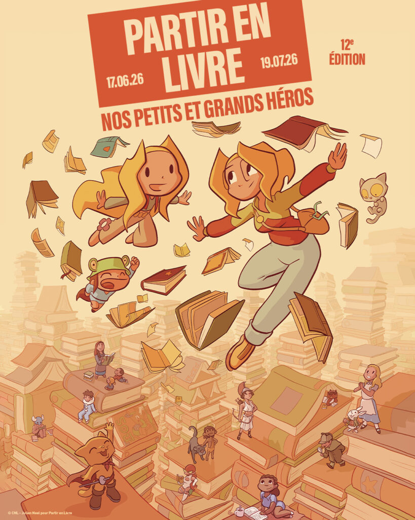affiche de partir en livre avec illustration de deux enfants en train de s'amuser dans les airs et des livres qui volent, colorimétrie plutôt beige orangée - Agrandir l'image, fenêtre modale