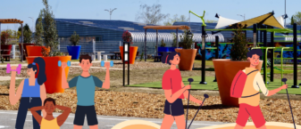 photo en fond bleuté avec illustration de sportifs au premier plan
