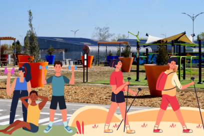 photo en fond bleuté avec illustration de sportifs au premier plan - Agrandir l'image, fenêtre modale