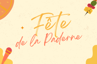 visuel fond jaune orange avec écrit fête de la paderne au centre, illustration de brochette, micro et orange aux coins