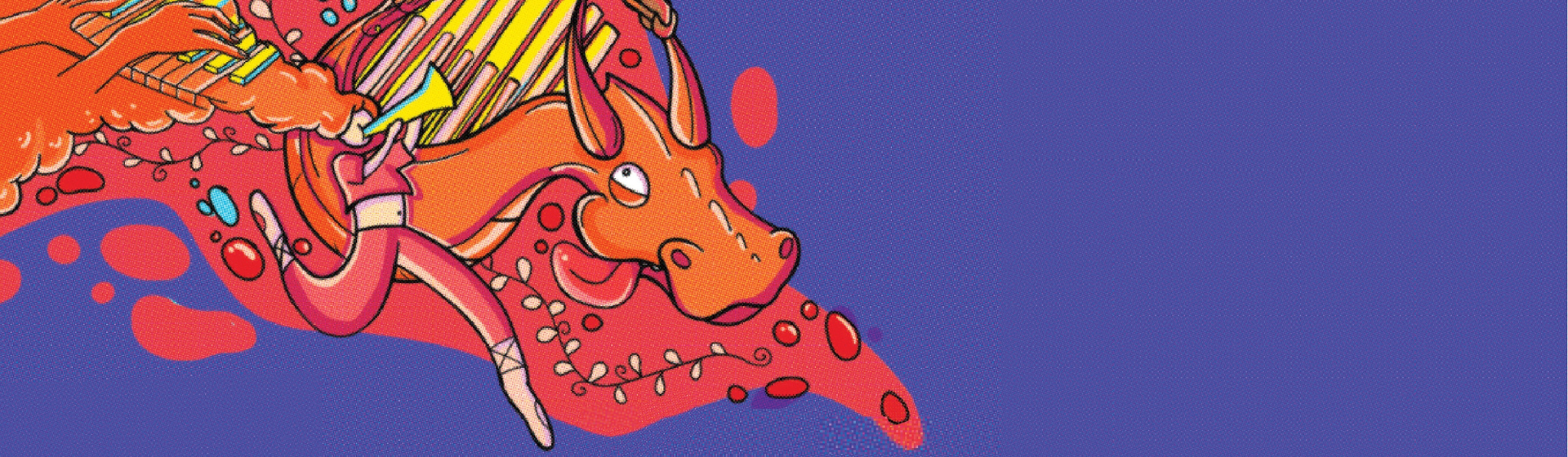 illustration fond violet bleu, dragon rouge orangé avec illustrations mélangées au dragon d'instruments de musique
