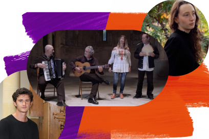 Montage avec trois vignettes photo rondes réparties sur l'image en bas à gauche portrait du jeune organiste Raphaël Mirensky au naturel en pull-over noir, visage souriant et cheveux courts châtains, au centre photo du groupe de musique d'Agapito Marazuela, accordéoniste à gauche, guitariste flamenco au milieu chanteuse cheveux blonds longs sur une tunique grecque blanche brodée à droite et chanteur tout à droite, grisonnant, portant un éventail entres ses mains jointes. En haut à droite, portrait de la jeune soprano, de profil , teint diaphane, cheveux roux longs lâchés, de trois quarts, dans un cadre verdoyant et une lumière naturelle. - Agrandir l'image, fenêtre modale