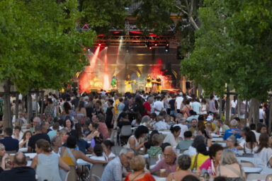 photo d'un concert, au fond la scène éclairée en jaune et rouge avec le groupe en train de jouer, et devant le public nombreux debout, et au premier plan le public assis à table en train de discuter ou prendre un verre