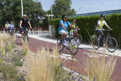 photo de personnes à vélo sur une piste cyclable rouge à côté d'une bordure végétalisée, sous le soleil - Agrandir l'image 2 sur 13, fenêtre modale