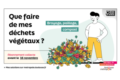 visuel fond blanc avec illusratrion de personnage qui regarde un tas de déchets végétaux, et en titre "que faire de mes déchets végétaux"
