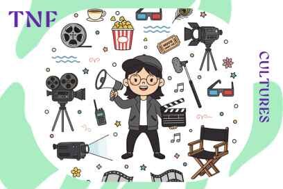 vignette illustrée ludique de petit personnage féminin à lunettes souriante brandissant un porte-voix comme sur une scène de tournage - Agrandir l'image, fenêtre modale