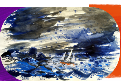 Dessin à l'aquarelle représentant une mer tourmentée aux eaux profondes et une embarcation tri-mâts à la coque peinte en rouge qui sillonne ces eaux sous un ciel de tempête. - Agrandir l'image, fenêtre modale