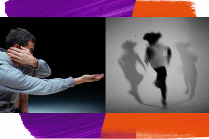 Montage photo à partir de deux images prise respectivement lors des solos de Ametonyo Silva à gauche le danseur évoluant dans un mouvement flou à l'image en tee-shirt blanc sur fond de scène tendu d'un écran blanc où son ombre danse, à droite Thiago Granato, plan rapproché sur le buste de Thiago Granato en sweat-shirt de coton gris clair de profil, sa main gauche venant frôler sa joue droite et son bras droit lancé à l'avant, il est de profil à l'objectif on ne voit pas son visage masqué par le mouvement des ses bras. - Agrandir l'image, fenêtre modale