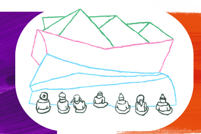 Illustration minimaliste réalisée au feutre de couleur représentant des petits personnages assis de dos devant une structure qui ressemble à un bateau en papier. - Agrandir l'image, fenêtre modale