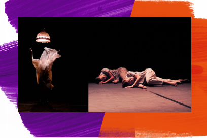 MONTAGE PHOTO à gauche sous une suspension habillée d'un abat-jour romantique de couleur rosée, une danseuse debout, cheveux courts bascule son corps en avant dans un mouvement vif qui fait voleter un voilage autour de ses épaules dans la lumière; à gauche deux danseuses dans une robe-tee-shirt grise ample qui fait des plis se tiennent couchées au sol sur la scène éclairée de lumière tamisée et rosée, leurs corps repliés l'un près de l'autre en chien de fusil, - Agrandir l'image, fenêtre modale