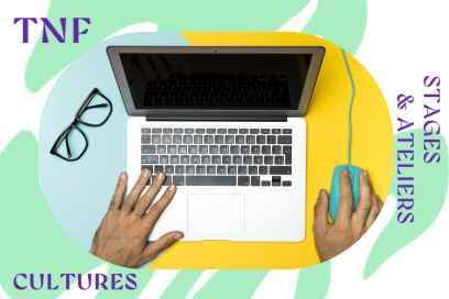 illustration colorée réaliste montrant un clavier d'ordinateur portable en plongée, des mains s'activant sur la souris branchée à l'ordinateur, et une parie de lunettes à montures noires apparaissant dans le coin en haut à gauche de l'image - Agrandir l'image, fenêtre modale