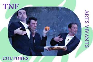 Tout en grimaces amusantes, les trois circassiens fantasques de la compagnie Gros débit apparaissent en costumes de soirée, une tarte à la main et des fruits jaunes avec lesquels ils s'apprêtent à jongler dans un décor urbain, où domine la couleur grise qui contraste avec la gaieté de leur attitude décalée.