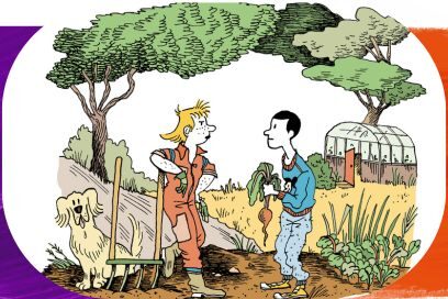 illustration de type bande dessinée où l'on voit deux personnages debout de profil se fraisant face, au milieu d'un paysage champêtre, à gauche, un paysan en combinaison de travail orange accoudé sur une fourche, à droite un jeune homme vêtu de façon urbaine qui tient un navet à la main, ils devisent et se sourient. - Agrandir l'image, fenêtre modale