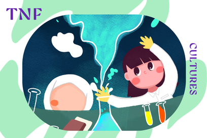 illustration colorée à l'aquarelle d'enfants en train de manipuler des éprouvettes et d'en faire émerger des fumées bleu turquoise - Agrandir l'image, fenêtre modale