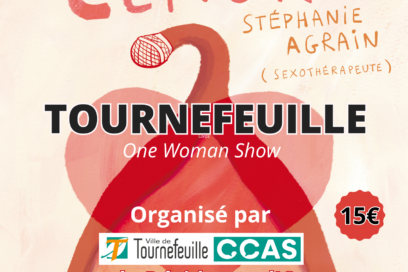 affiche du spectacle "parole de clitoris" de Stéphanie Agrain, à Tournefeuille, fond beige clair avec une illustration de clitoris avec un micro, et les informations qu'on retrouve dans l'article - Agrandir l'image, fenêtre modale