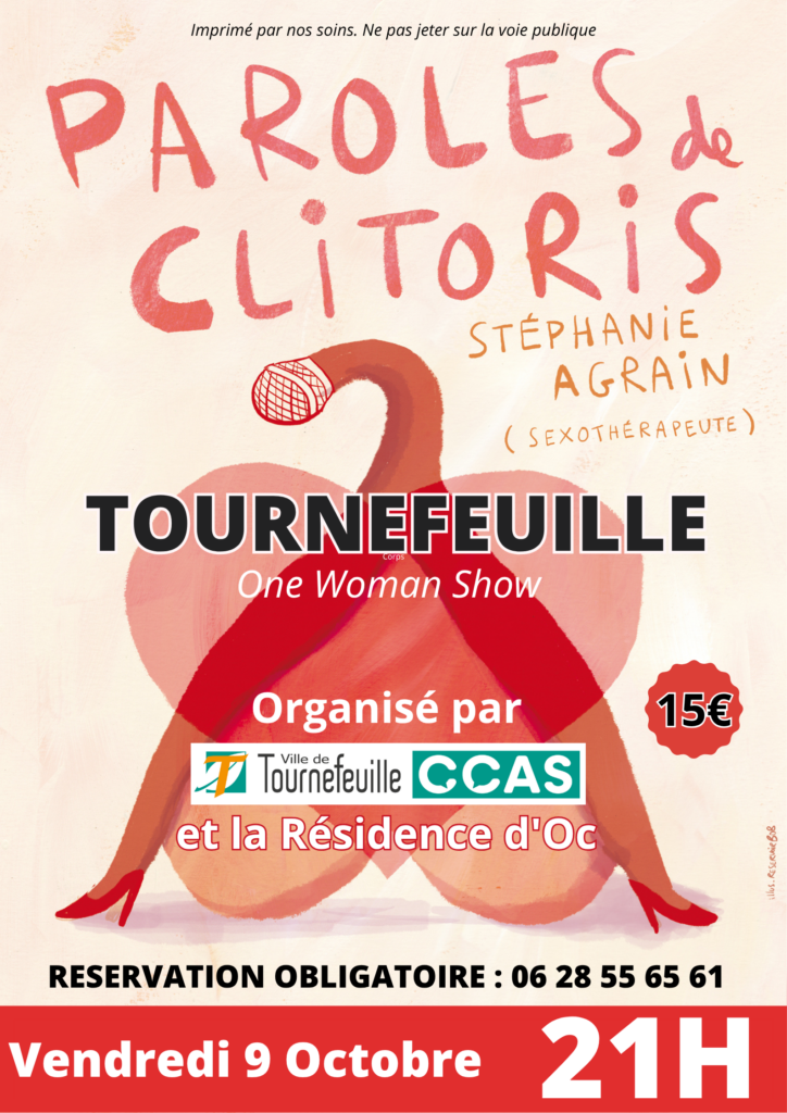 affiche du spectacle "parole de clitoris" de Stéphanie Agrain, à Tournefeuille, fond beige clair avec une illustration de clitoris avec un micro, et les informations qu'on retrouve dans l'article - Agrandir l'image, fenêtre modale