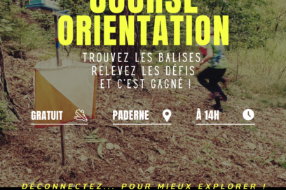 Affiche d'une course d'orientation avec un fond de photo de course d'orientation en foret et les informations qu'on retrouve dans l'article - Agrandir l'image, fenêtre modale