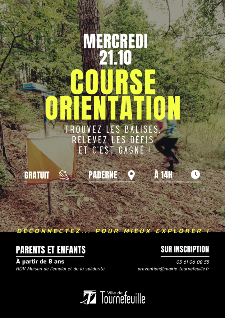 Affiche d'une course d'orientation avec un fond de photo de course d'orientation en foret et les informations qu'on retrouve dans l'article - Agrandir l'image, fenêtre modale