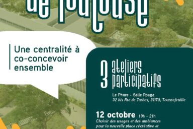 affiche avec fond photo de quartier vert sur fond de transparence verte et jaune, et texte qui est repris dans l'article
