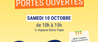 affiche de l'événement "la restauration scolaire fait ses portes ouvertes" avec illustrations d'enfants à la cantine, fond jaune, et infos qu'on retrouve dans l'article