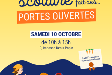 affiche de l'événement "la restauration scolaire fait ses portes ouvertes" avec illustrations d'enfants à la cantine, fond jaune, et infos qu'on retrouve dans l'article