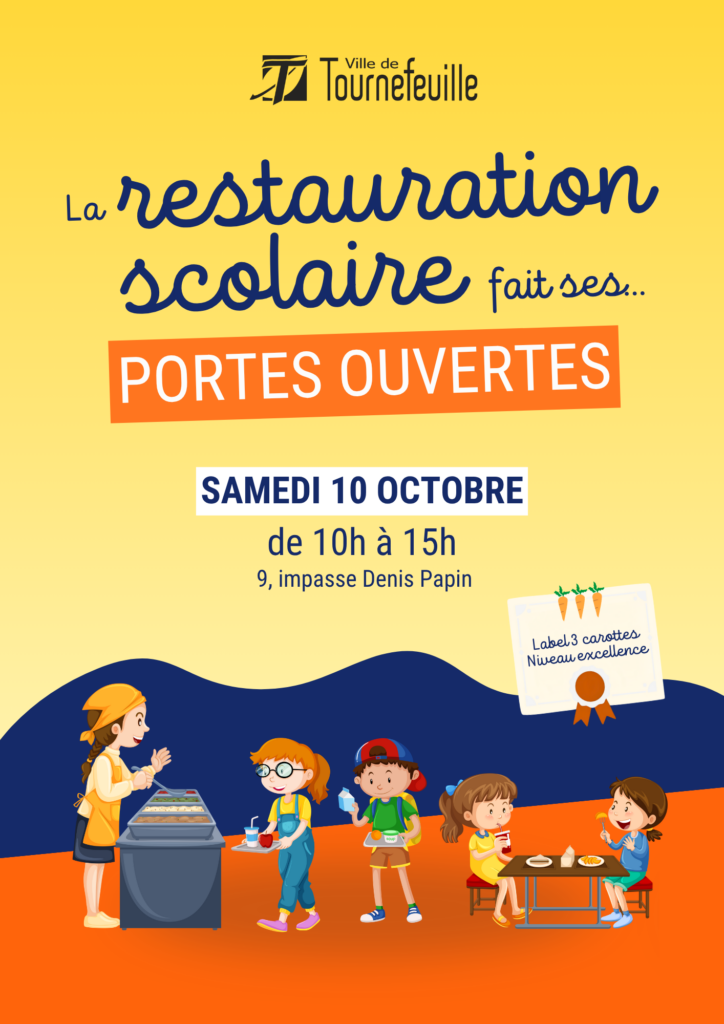 affiche de l'événement "la restauration scolaire fait ses portes ouvertes" avec illustrations d'enfants à la cantine, fond jaune, et infos qu'on retrouve dans l'article - Agrandir l'image, fenêtre modale