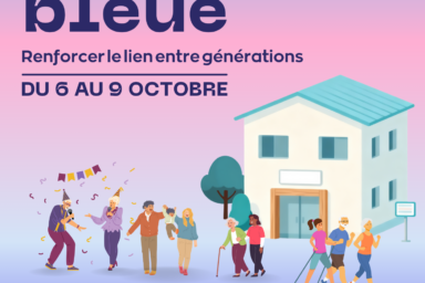 affiche de la semaine bleue avec des illustrations de personnes âgées avec aidants et enfants, familles, en train de marcher ou faire des activités