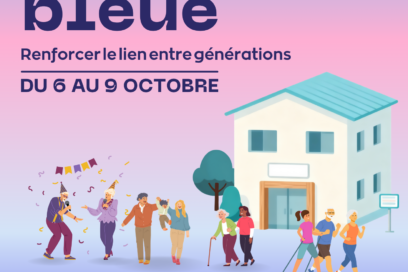 affiche de la semaine bleue avec des illustrations de personnes âgées avec aidants et enfants, familles, en train de marcher ou faire des activités - Agrandir l'image, fenêtre modale
