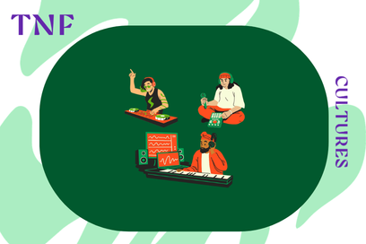 visuel d'illustration fond vert sapin montrant trois personnages à la dominante couleur orange en train de jouer d'instruments de musique reliés à l'informatique - Agrandir l'image, fenêtre modale