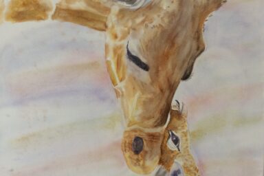 image peinte d'une girafe qui pose sa tête contre un girafeau