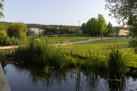 Photo de parc avec aire de jeux au fond et cours d'eau au premier plan