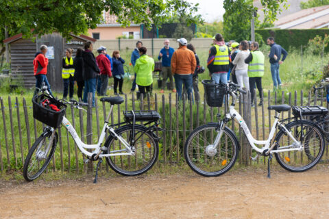 Photo de deux vélos floqués ville de tournefeuille au premier plan et d'un groupe de personnes derrière dans un jardin