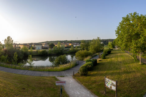 Photo panoramique d'un parc avec chemins piétons et petite étendue d'eau