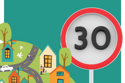 Visuel décoratif affiche "pour une circulation apaisée et la sécurité de tous Tournefeuille passe à 30km/h au 1er décembre" - Agrandir l'image, fenêtre modale