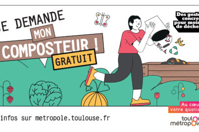 Visuel "Je demande mon composteur gratuit" de la Métropole avec une illustration d'une personne qui jette son seau de déchets de compost dans le bac dédié - Agrandir l'image, fenêtre modale