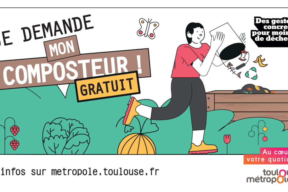 Visuel "Je demande mon composteur gratuit" de la Métropole avec une illustration d'une personne qui jette son seau de déchets de compost dans le bac dédié