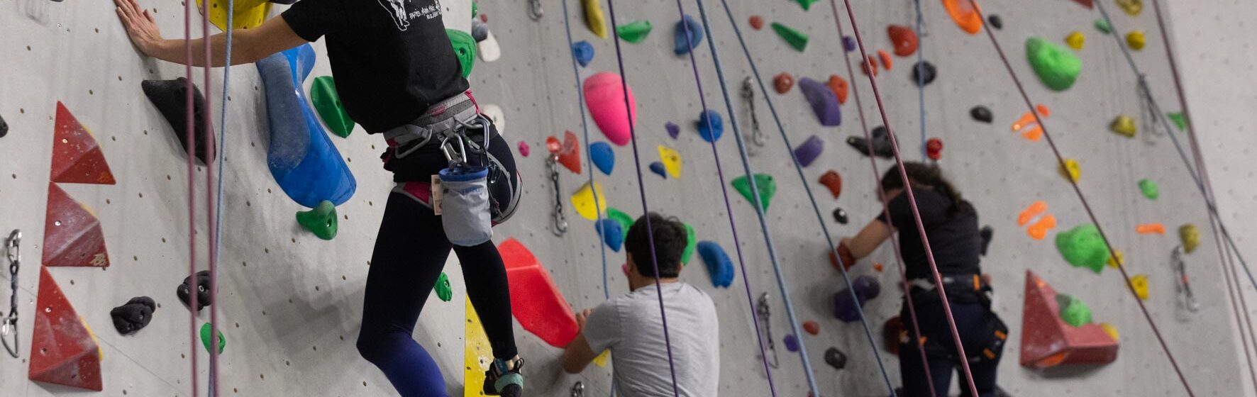 Photo de plusieurs grimpeurs sur le mur d'escalade