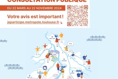 Affiche de consultation publique avec une illustration sur fond bleu montrant les flux eau - Agrandir l'image, fenêtre modale