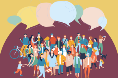 Affiche illustrée où il est écrit "rejoignez l'Agora" avec une illustration de groupe de personnes qui échangent dans la partie basse - Agrandir l'image, fenêtre modale