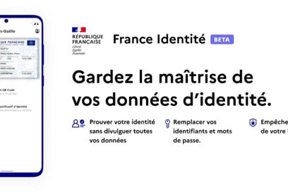 Visuel sur France Identité, sur la gauche un téléphone sur lequel on voit une carte d'identité, à droite du texte "gardez la maîtrise de vos données d'identité" - Agrandir l'image, fenêtre modale