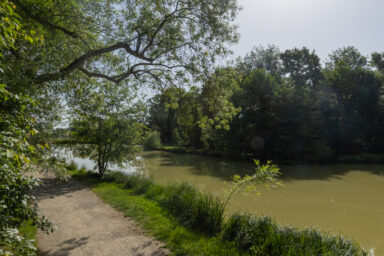 Photo portrait d'un chemin piétonnier le long d'une rivière, par une journée ensoleillée