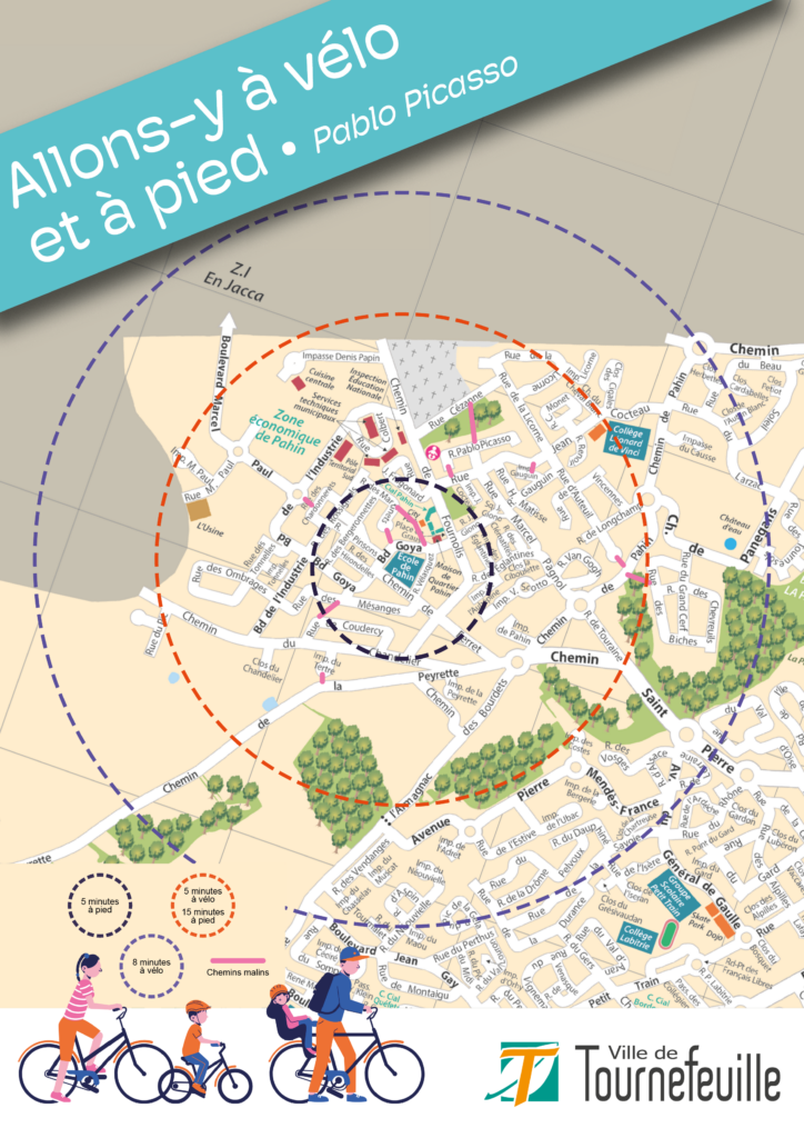 Carte de Tournefeuille autour du groupe scolaire avec chemins cyclables pour AYAV - Agrandir l'image, fenêtre modale