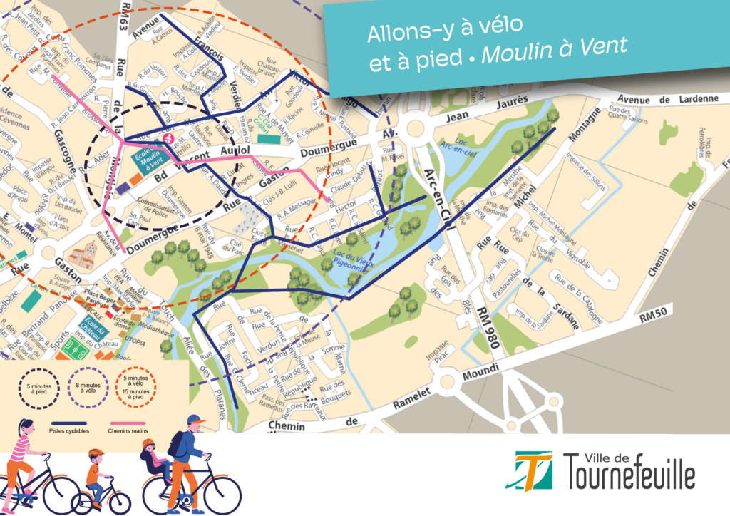 Carte de Tournefeuille autour du groupe scolaire avec chemins cyclables pour AYAV - Agrandir l'image, fenêtre modale
