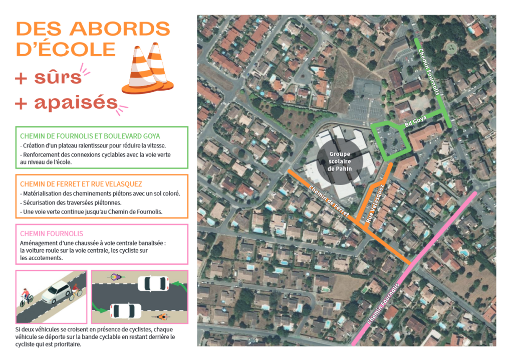 Image de plan vu du ciel du groupe scolaire Pahin et de ses environs avec mis en évidence les rues concernées par des travaux d'aménagements - Agrandir l'image, fenêtre modale