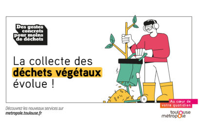 Vignette illustrée sur laquelle il est écrit "la collecte des déchets végétaux évolue", avec une illustration de personne qui broie une branche - Agrandir l'image, fenêtre modale