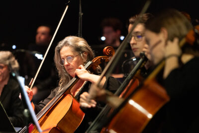 apparition du rang des violoncelles de profil en train de jouer de leur instrument dans une lumière dorée - Agrandir l'image 5 sur 8, fenêtre modale