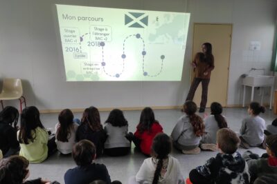 Photo dans une salle, des jeunes écoliers sont assis par terre et écoutent une jeune femme présenter un diaporama sur lequel elle présente son parcours sous forme de frise - Agrandir l'image 4 sur 6, fenêtre modale