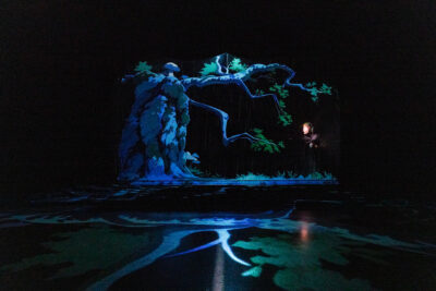 Dans une ambiance de nuit, un décor de forêt vert bleu très réaliste occupe le fond de scène dont l'image se reflète sur le sol du devant de la scène, seul éclairé par la loupiote tenue par la comédienne au fond à droite qui s'avance dans ce décor - Agrandir l'image 3 sur 7, fenêtre modale