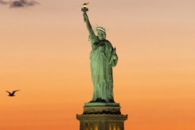 zoom sur la statue de la liberté rétroéclairée sur fond de ciel couchant aux dégradés orangés, un oiseau de mer en vol et un nuage étant visibles à droite de l'image